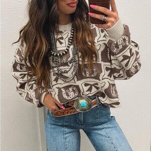 NWT Horse shoes with bows Brown and Cream Patterned Sweater